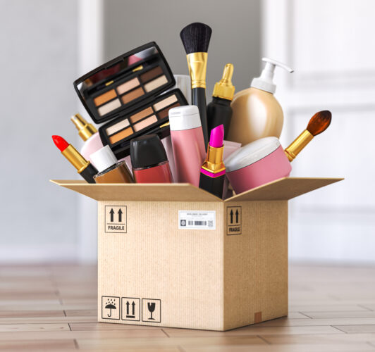 Box full of beauty items that can be customized with branding.